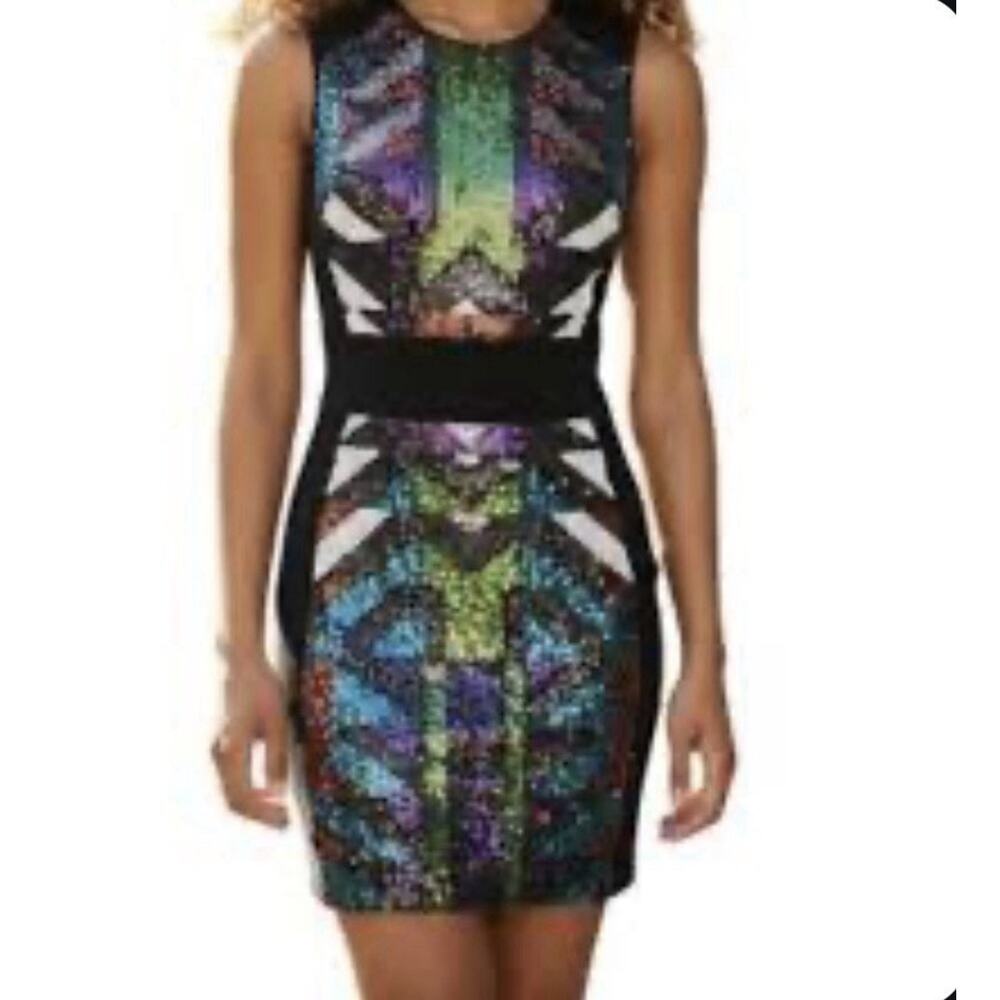 Bebe Sleeveless Sequin Bodycon Colorful Geometric Mini Sheath Dress Size S US